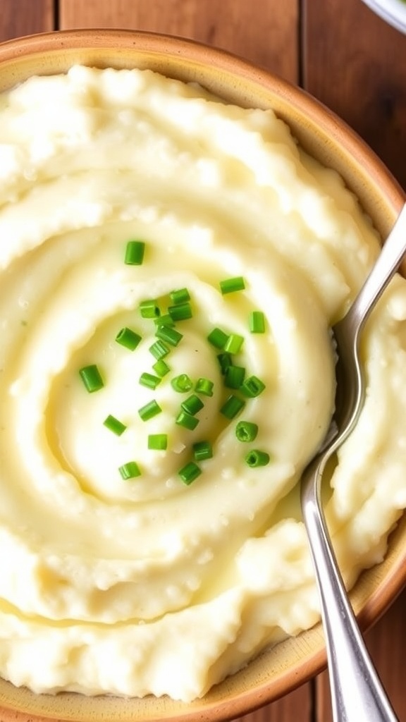 A bowl of creamy cauliflower mash garnished with chives on a rustic wooden table.